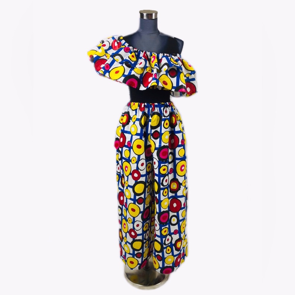 Handmade Multicolor Polkadot Palazzo Pants and Off Shouder Crop Top Set